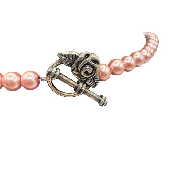 Pink Faux Pearl Necklace with Silver Rose Toggle Clasp - Picture 5 of 9